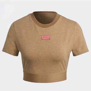adidas Women’s Tan Cropped Tee with Pink Logo Patch